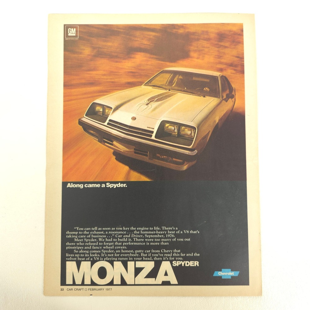 Chevrolet Monza Spyder Print Ad 1977 Vintage Car Show Display Garage Wall Decor